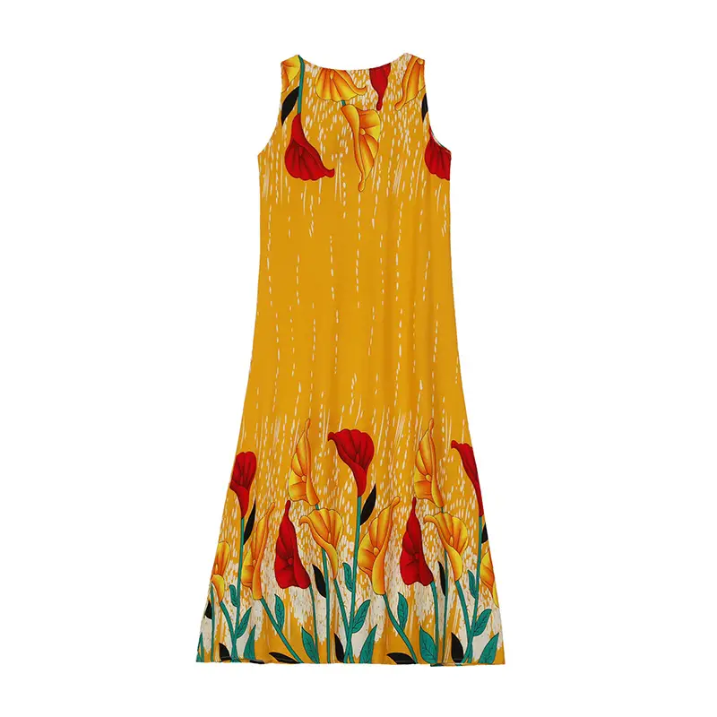 Women Cotton Silk Long Dress Yellow Green Large - Image 28