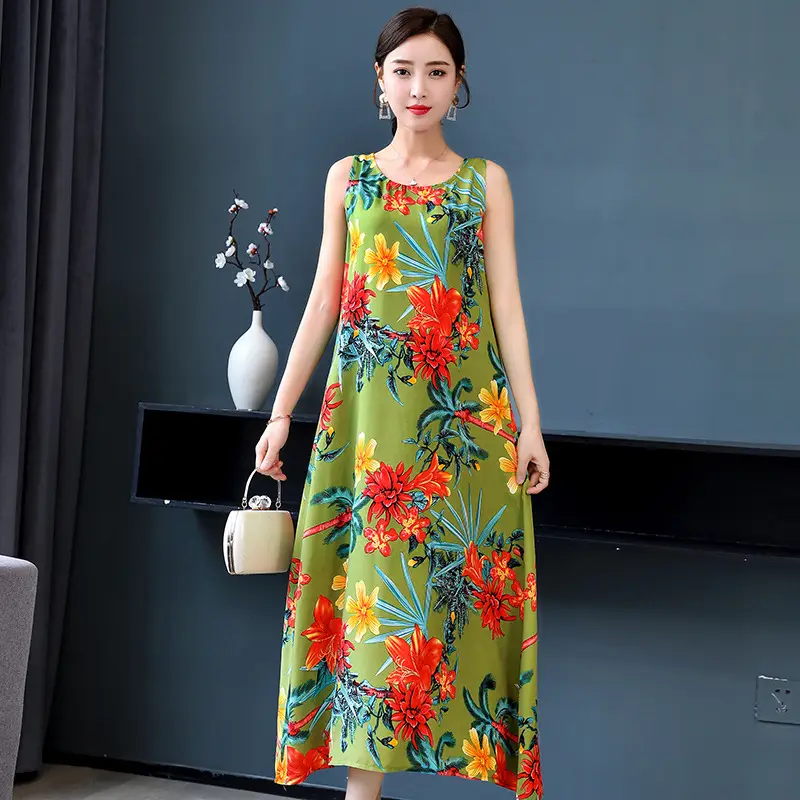 Women Cotton Silk Long Dress Yellow Green Large - Image 10