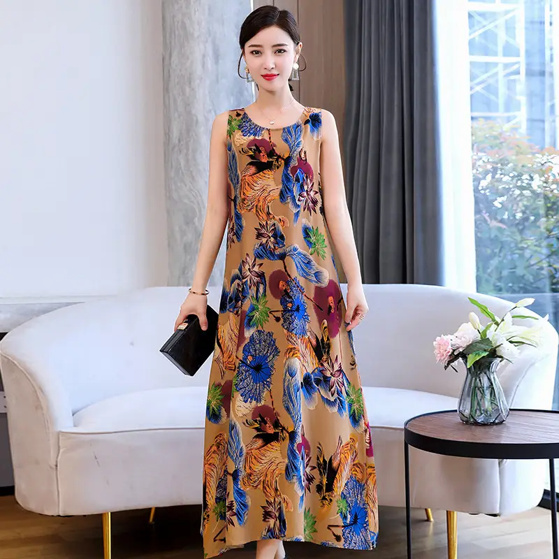 Women Cotton Silk Long Dress Yellow Green Large - Image 11