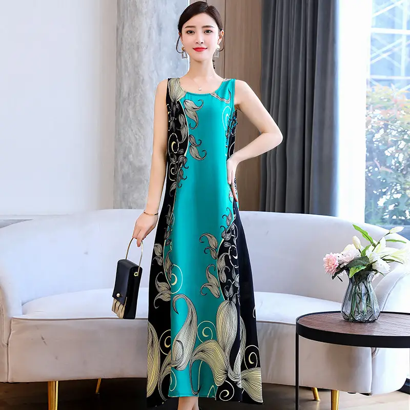 Women Cotton Silk Long Dress Yellow Green Large - Image 13