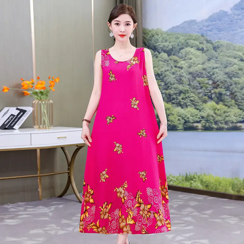 Women Cotton Silk Long Dress Yellow Green Large - Image 14