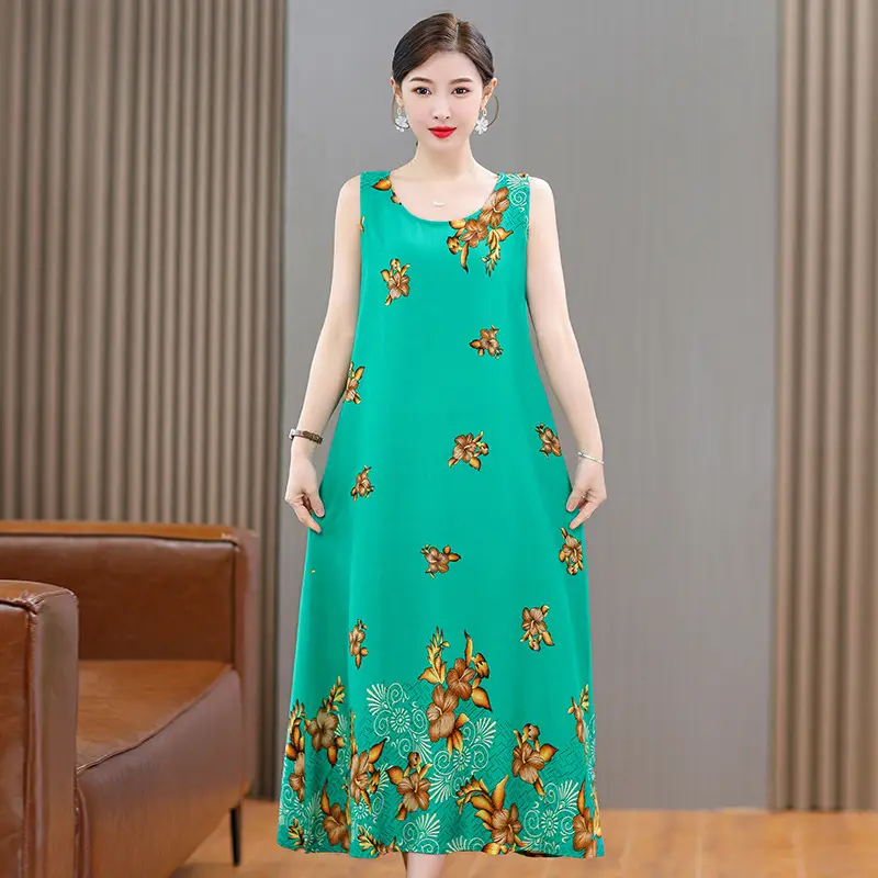 Women Cotton Silk Long Dress Yellow Green Large - Image 15
