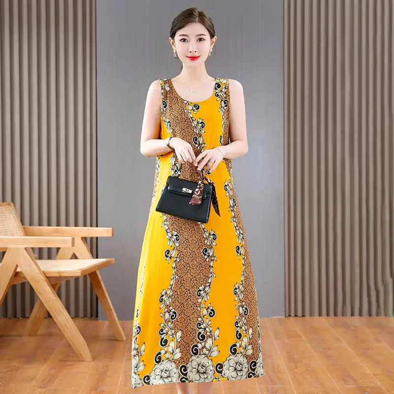 Women Cotton Silk Long Dress Yellow Green Large - Image 16