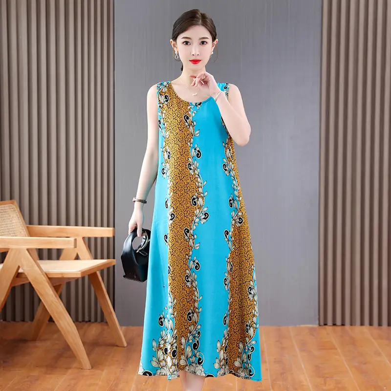 Women Cotton Silk Long Dress Yellow Green Large - Image 17