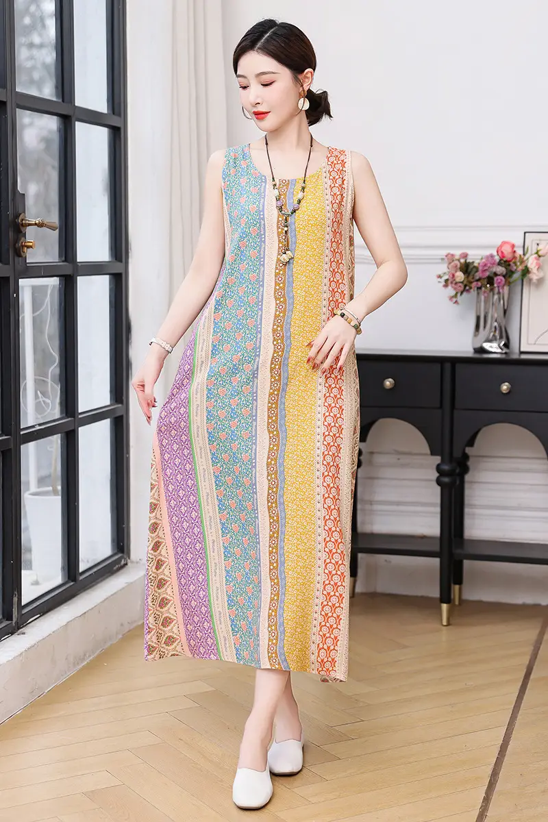 Women Cotton Silk Long Dress Yellow Green Large - Image 18