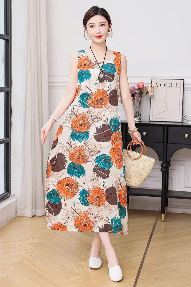 Women Cotton Silk Long Dress Yellow Green Large - Image 19