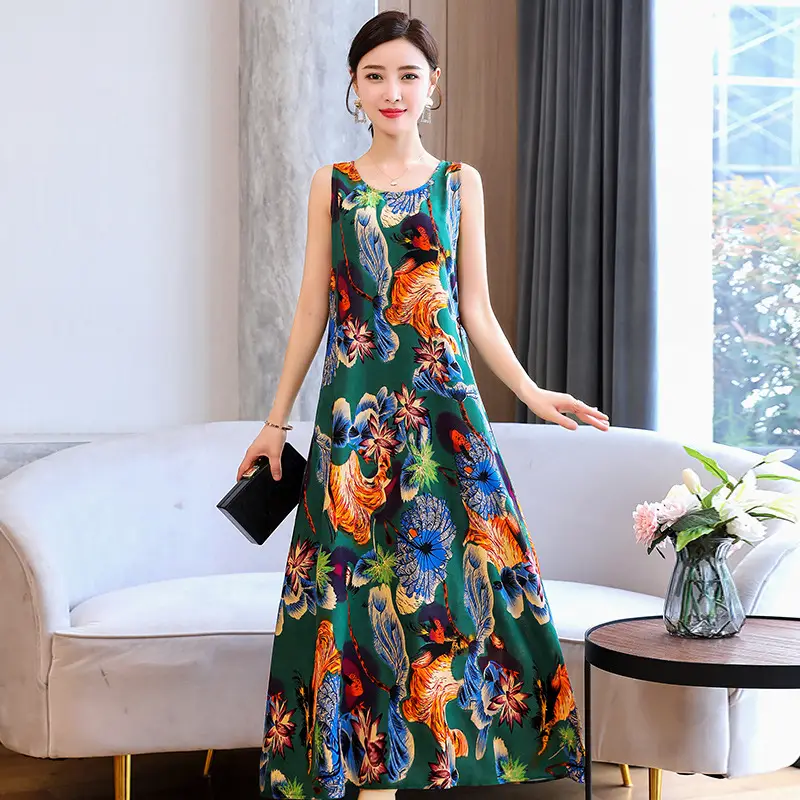Women Cotton Silk Long Dress Yellow Green Large - Image 2