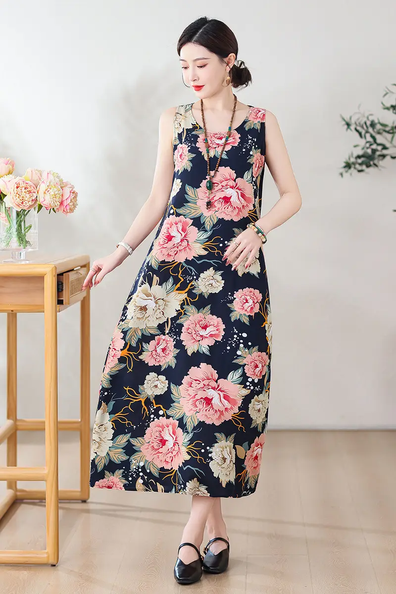 Women Cotton Silk Long Dress Yellow Green Large - Image 20