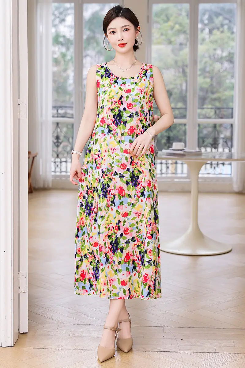 Women Cotton Silk Long Dress Yellow Green Large - Image 21