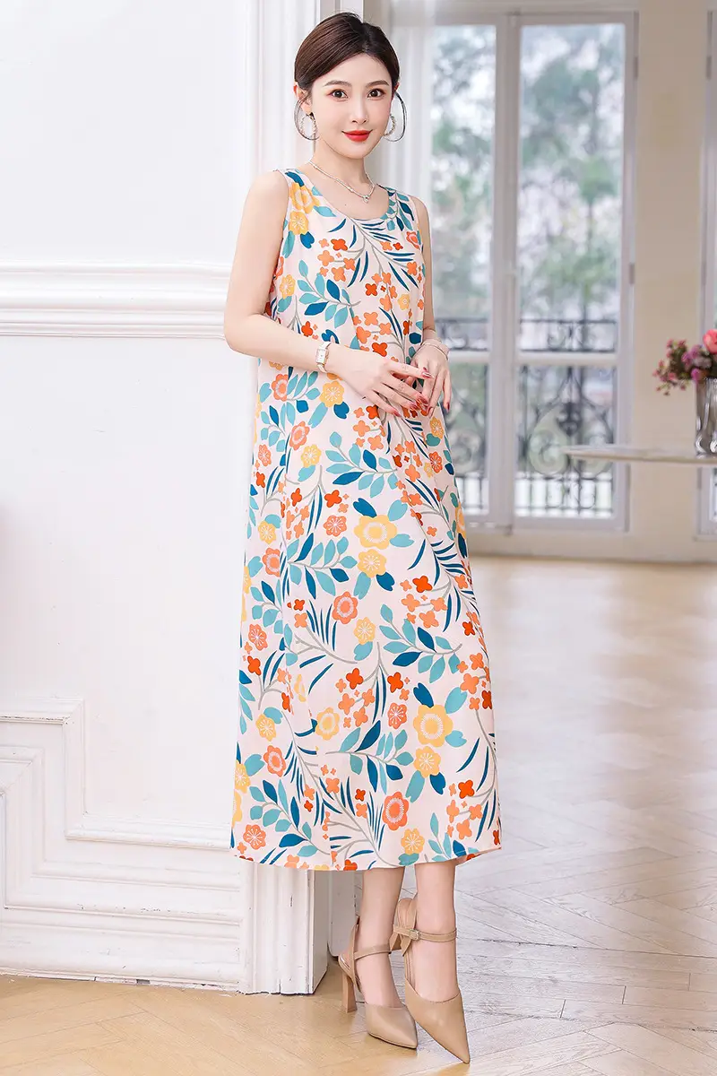 Women Cotton Silk Long Dress Yellow Green Large - Image 22