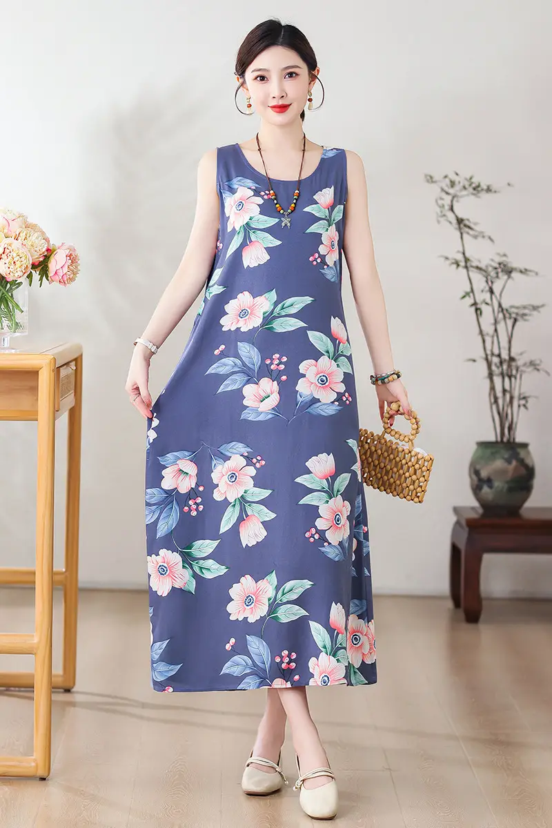 Women Cotton Silk Long Dress Yellow Green Large - Image 23