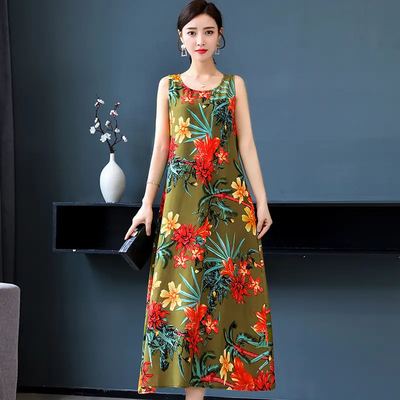Women Cotton Silk Long Dress Yellow Green Large - Image 3