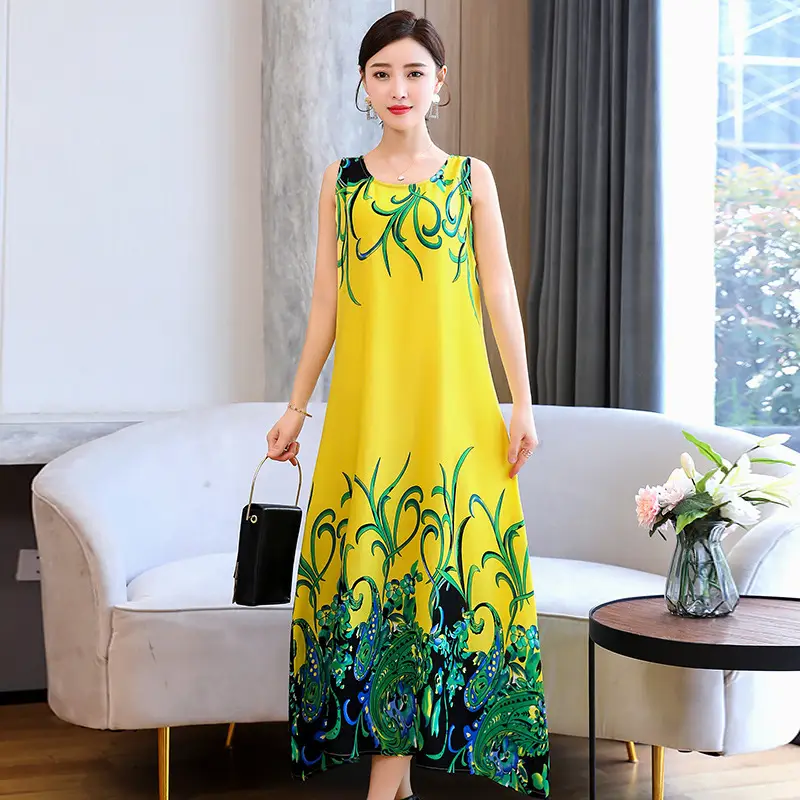 Women Cotton Silk Long Dress Yellow Green Large - Image 4