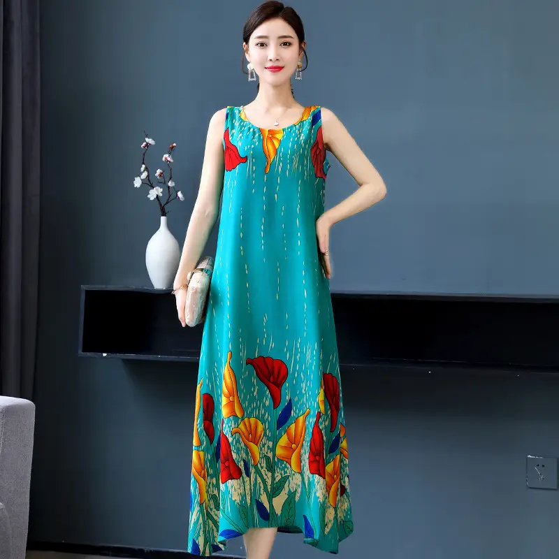 Women Cotton Silk Long Dress Yellow Green Large - Image 5