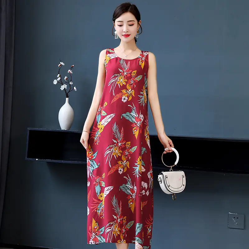 Women Cotton Silk Long Dress Yellow Green Large - Image 6