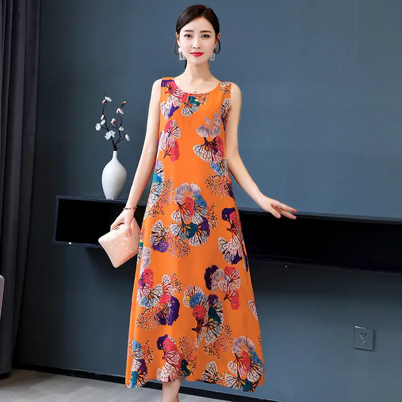 Women Cotton Silk Long Dress Yellow Green Large - Image 7