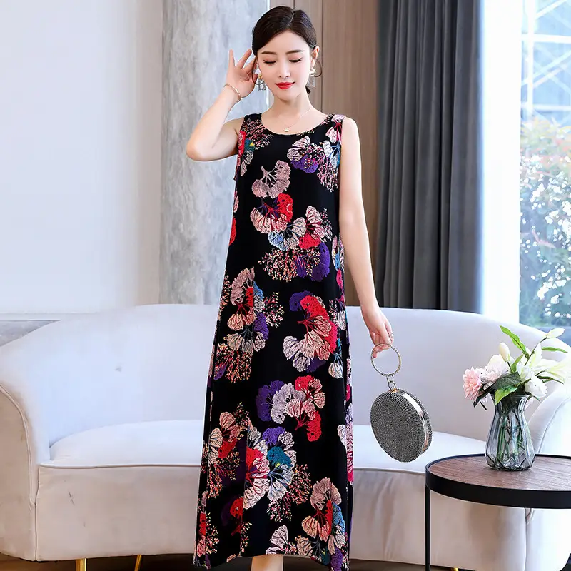 Women Cotton Silk Long Dress Yellow Green Large - Image 8
