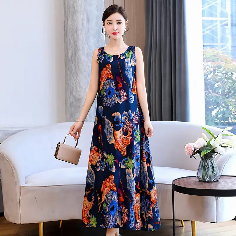 Women Cotton Silk Long Dress Yellow Green Large - Image 9