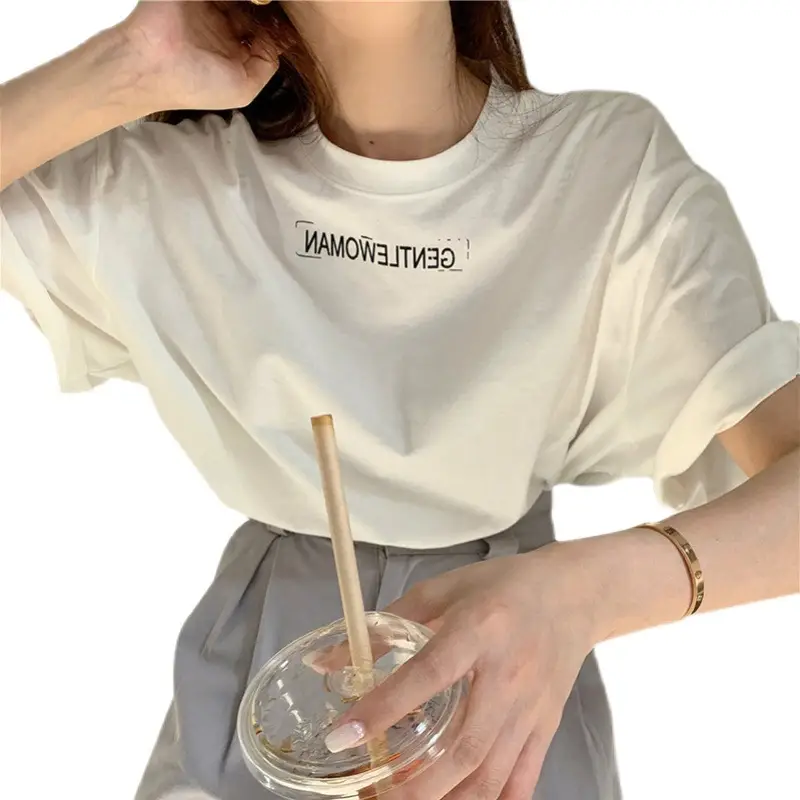 Women Short Sleeve T-Shirt White Loose Fit 2025 - Image 8