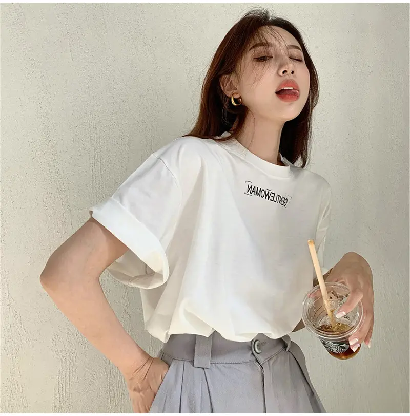 Women Short Sleeve T-Shirt White Loose Fit 2025 - Image 2