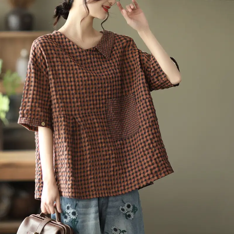 Women V Neck Cotton Linen T-Shirt Brown Checkered - Image 2