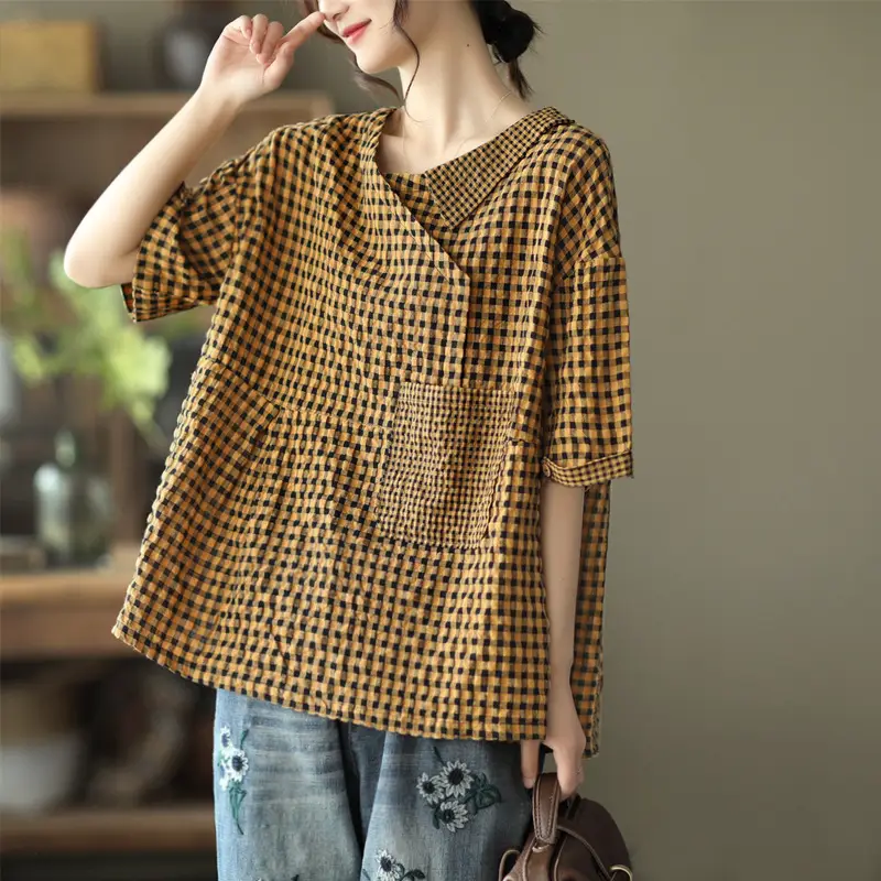 Women V Neck Cotton Linen T-Shirt Brown Checkered - Image 3