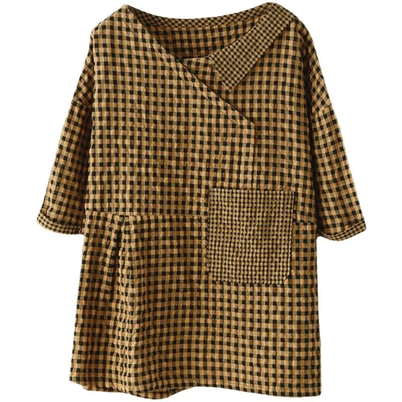 Women V Neck Cotton Linen T-Shirt Brown Checkered - Image 5