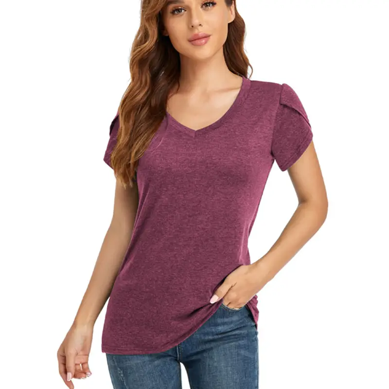 Blue V-Neck Short Sleeve T-Shirt for Women - Image 9