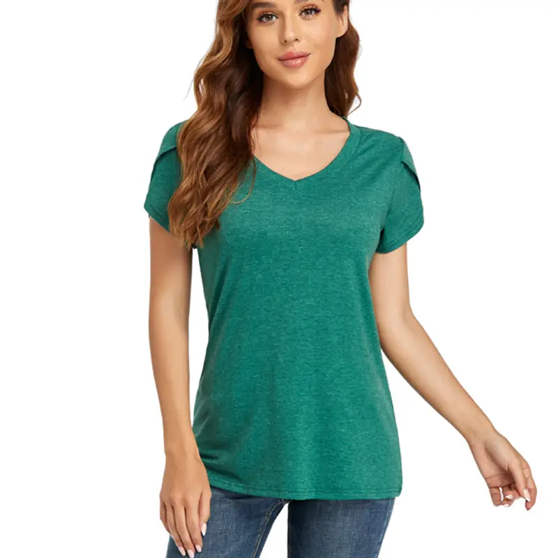 Blue V-Neck Short Sleeve T-Shirt for Women - Image 11