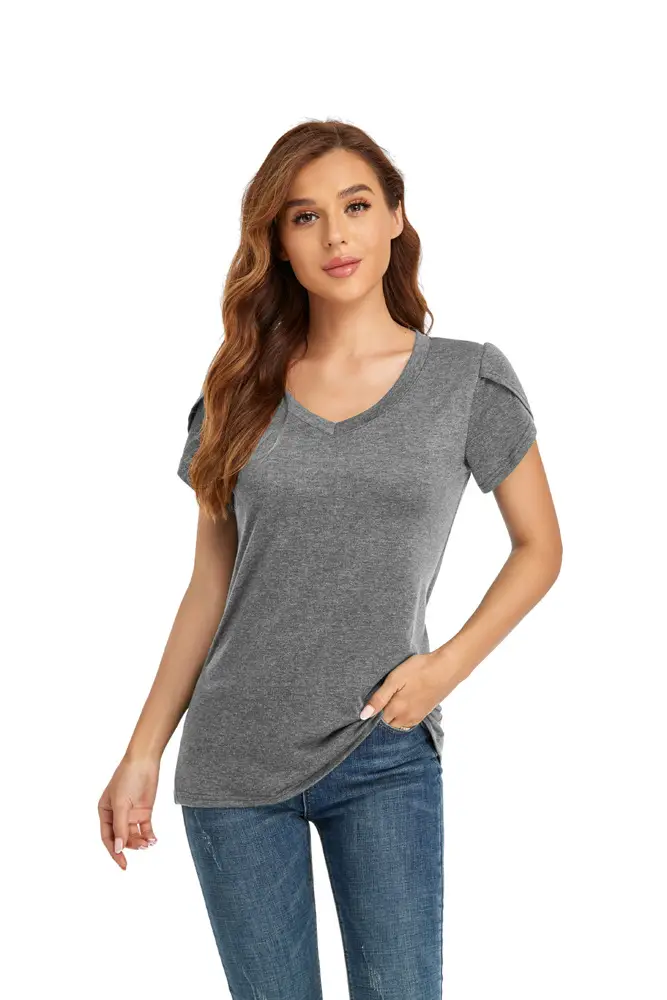 Blue V-Neck Short Sleeve T-Shirt for Women - Image 2