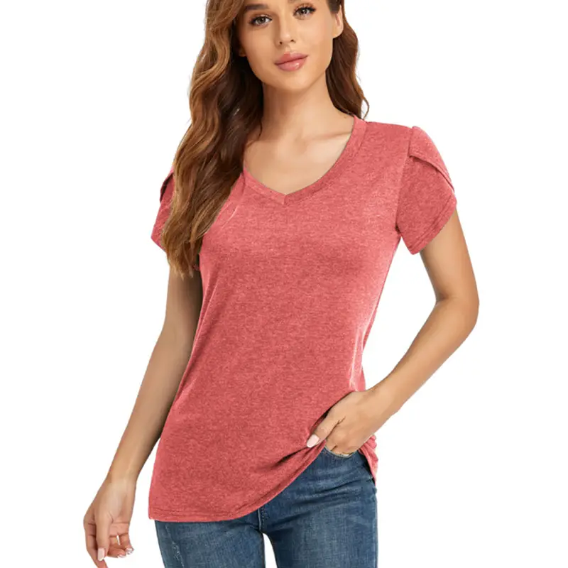 Blue V-Neck Short Sleeve T-Shirt for Women - Image 3