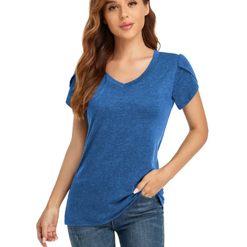 Blue V-Neck Short Sleeve T-Shirt for Women - Image 6