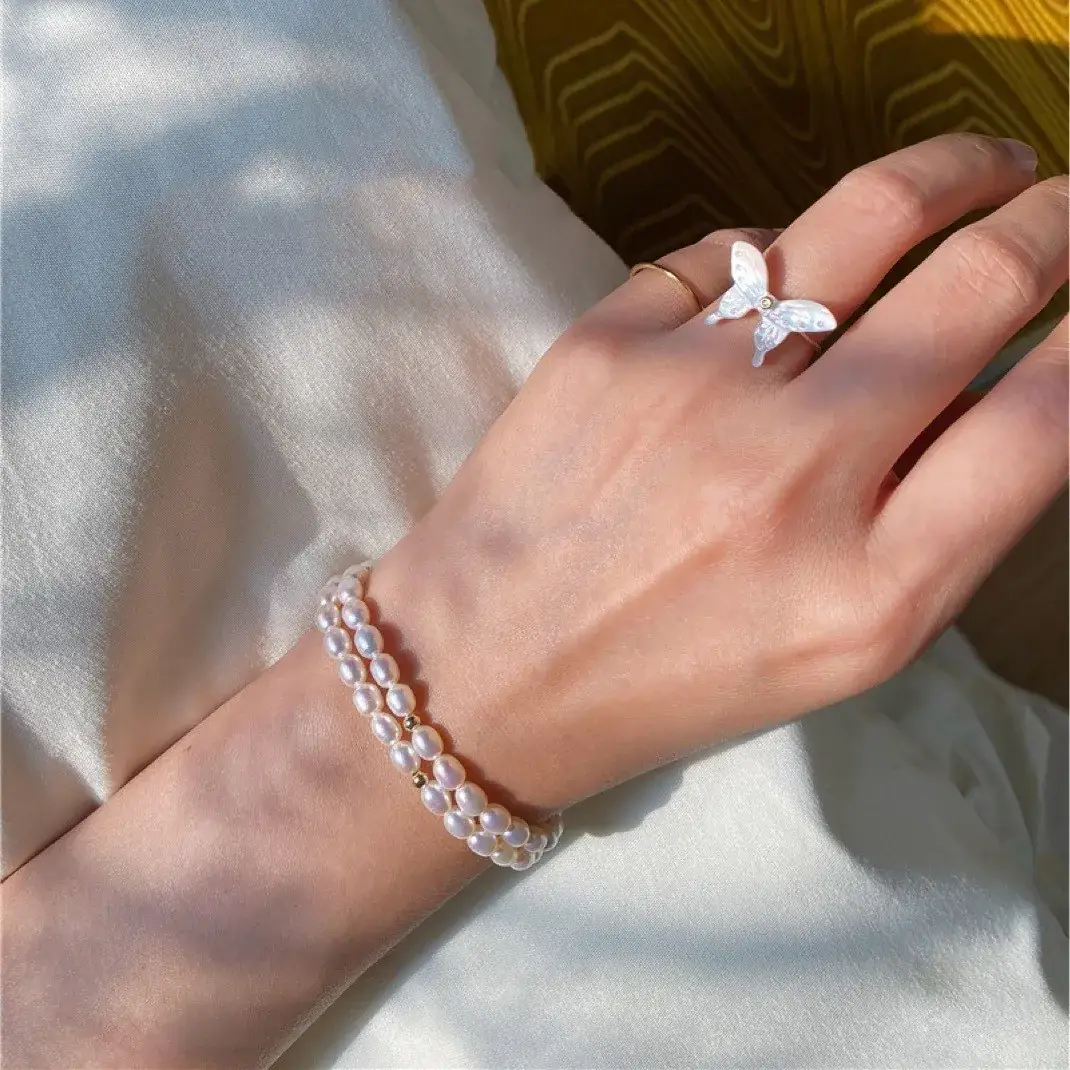 Natural Pearl Millet Bracelet 14K Gold Elastic - Image 3
