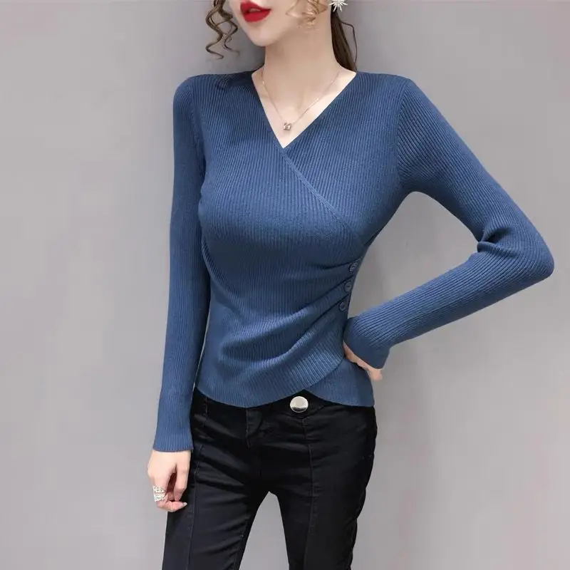 Black V-Neck Long Sleeve Knitted Top for Women