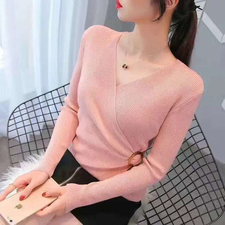 Black V-Neck Long Sleeve Knitted Top for Women