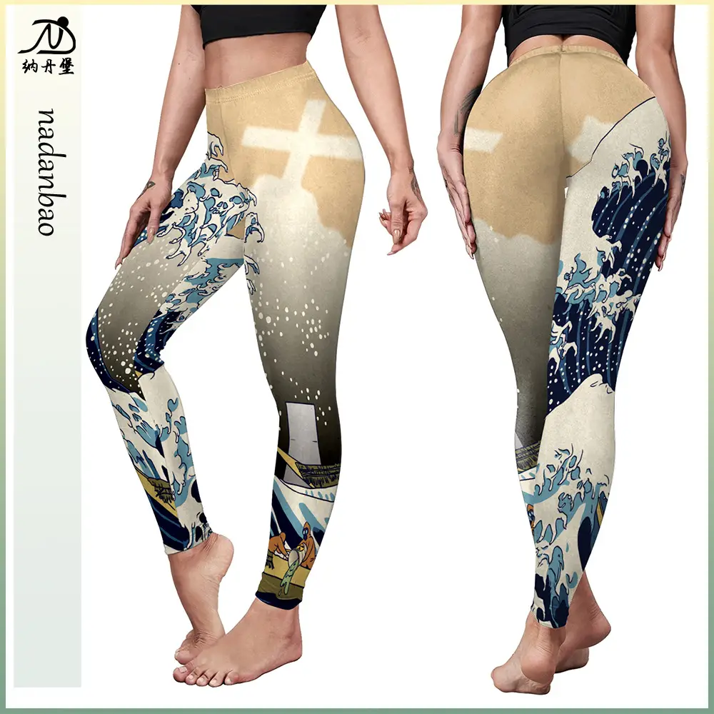 2024 Printed Elastic Yoga Pants Women Peach Blue Wave Design - Image 2