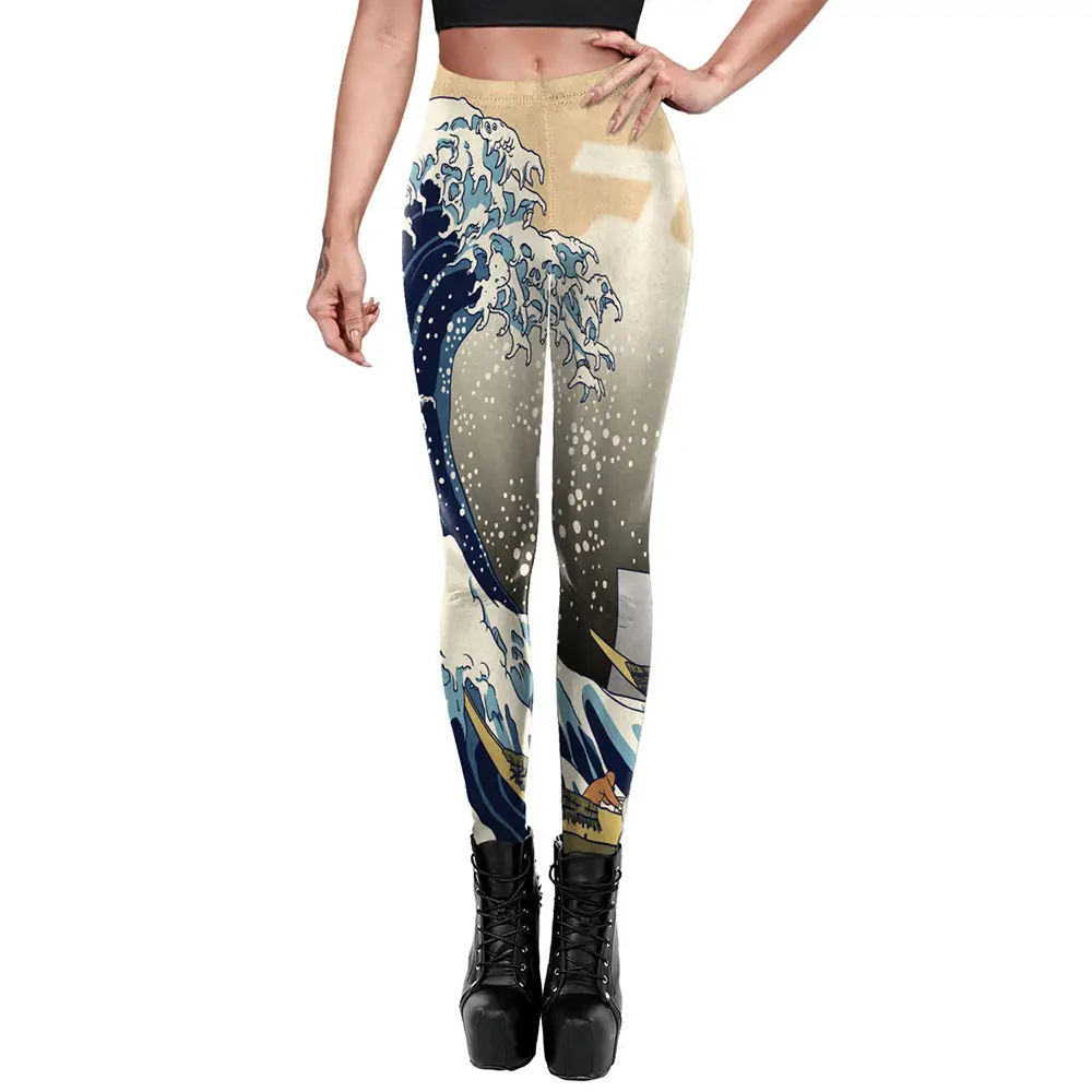 2024 Printed Elastic Yoga Pants Women Peach Blue Wave Design - Image 3