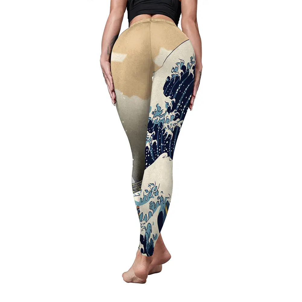 2024 Printed Elastic Yoga Pants Women Peach Blue Wave Design - Image 4
