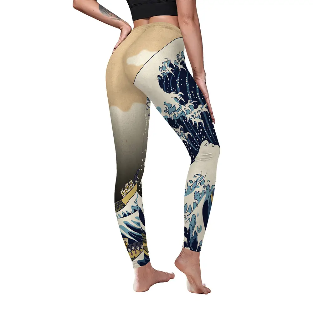2024 Printed Elastic Yoga Pants Women Peach Blue Wave Design - Image 5