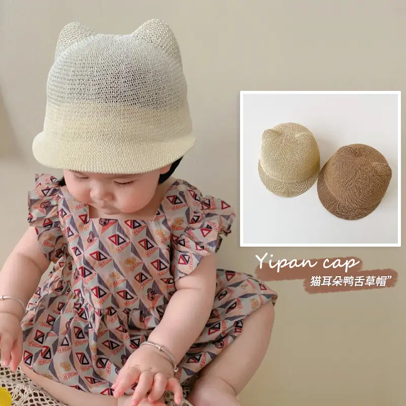 One Pan Cat Ears Straw Hat for Boys Girls Summer Sun Hat - Image 6