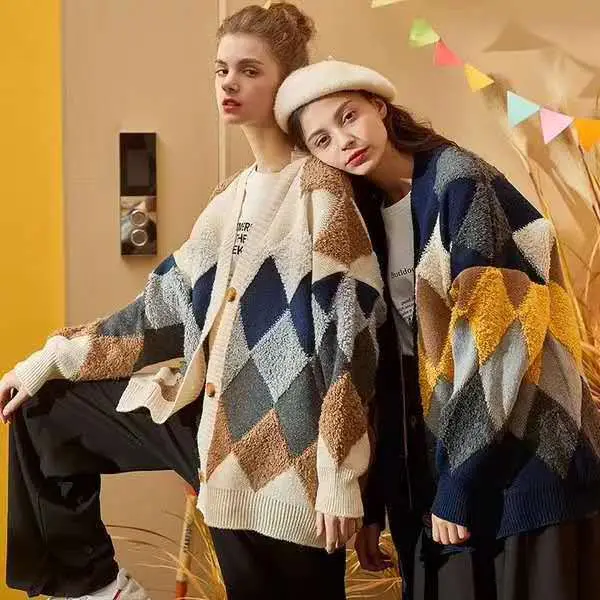 Korean Style Loose Diamond Plaid Cardigan 2023 - Image 9