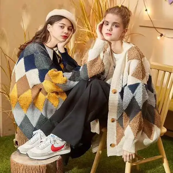 Korean Style Loose Diamond Plaid Cardigan 2023 - Image 10