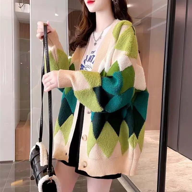 Korean Style Loose Diamond Plaid Cardigan 2023 - Image 11