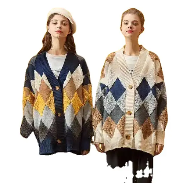 Korean Style Loose Diamond Plaid Cardigan 2023 - Image 12