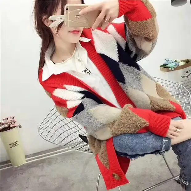 Korean Style Loose Diamond Plaid Cardigan 2023 - Image 2