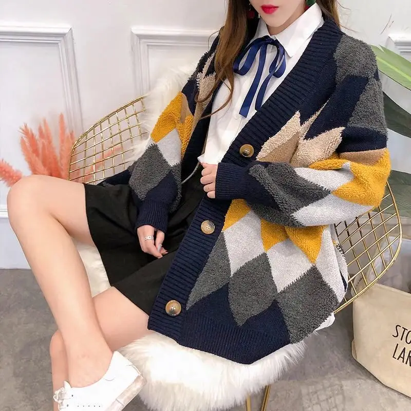 Korean Style Loose Diamond Plaid Cardigan 2023 - Image 3