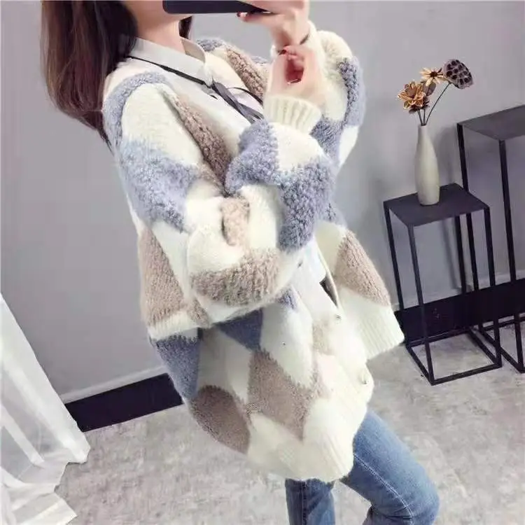 Korean Style Loose Diamond Plaid Cardigan 2023 - Image 4