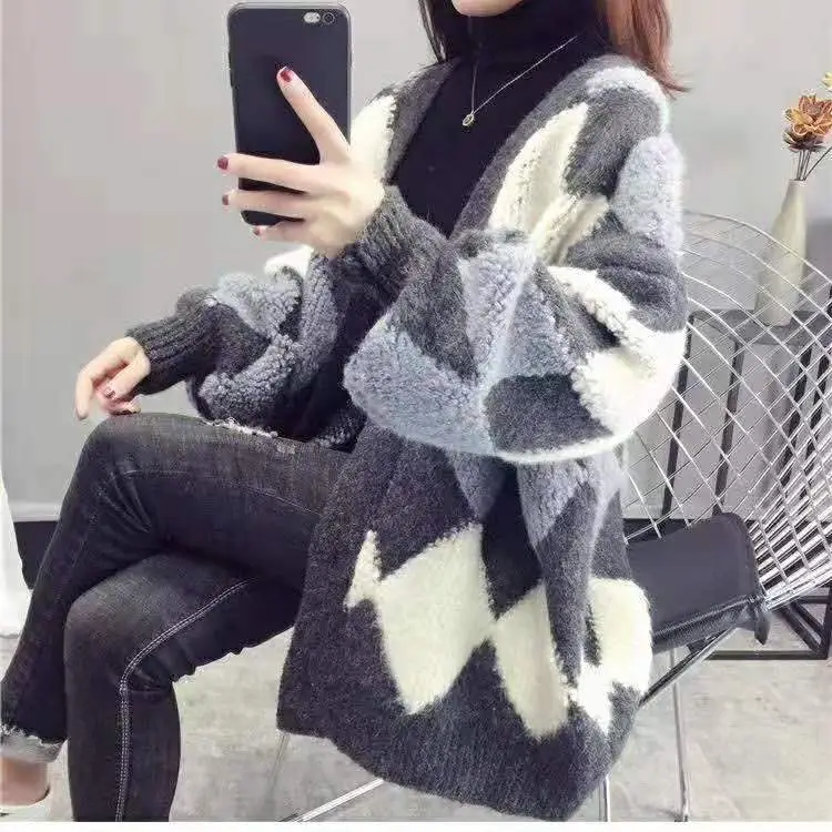 Korean Style Loose Diamond Plaid Cardigan 2023 - Image 5