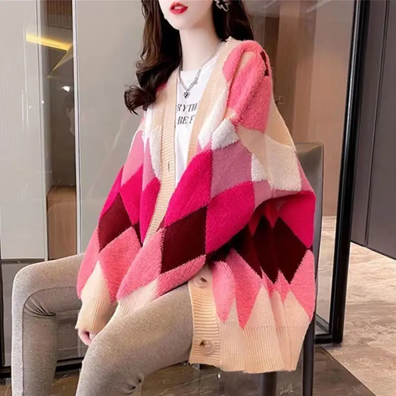 Korean Style Loose Diamond Plaid Cardigan 2023 - Image 6