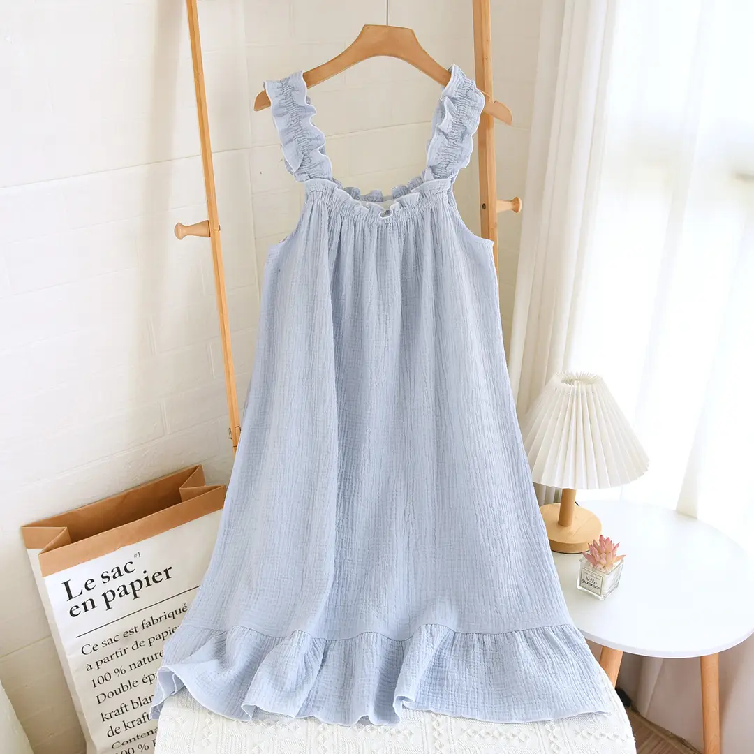 Nightdress Women's Summer Cotton Yarn Pure Cotton Thin Sling Pajamas Loose Mid-length Sweet Cute Long Dress Home Clothes
